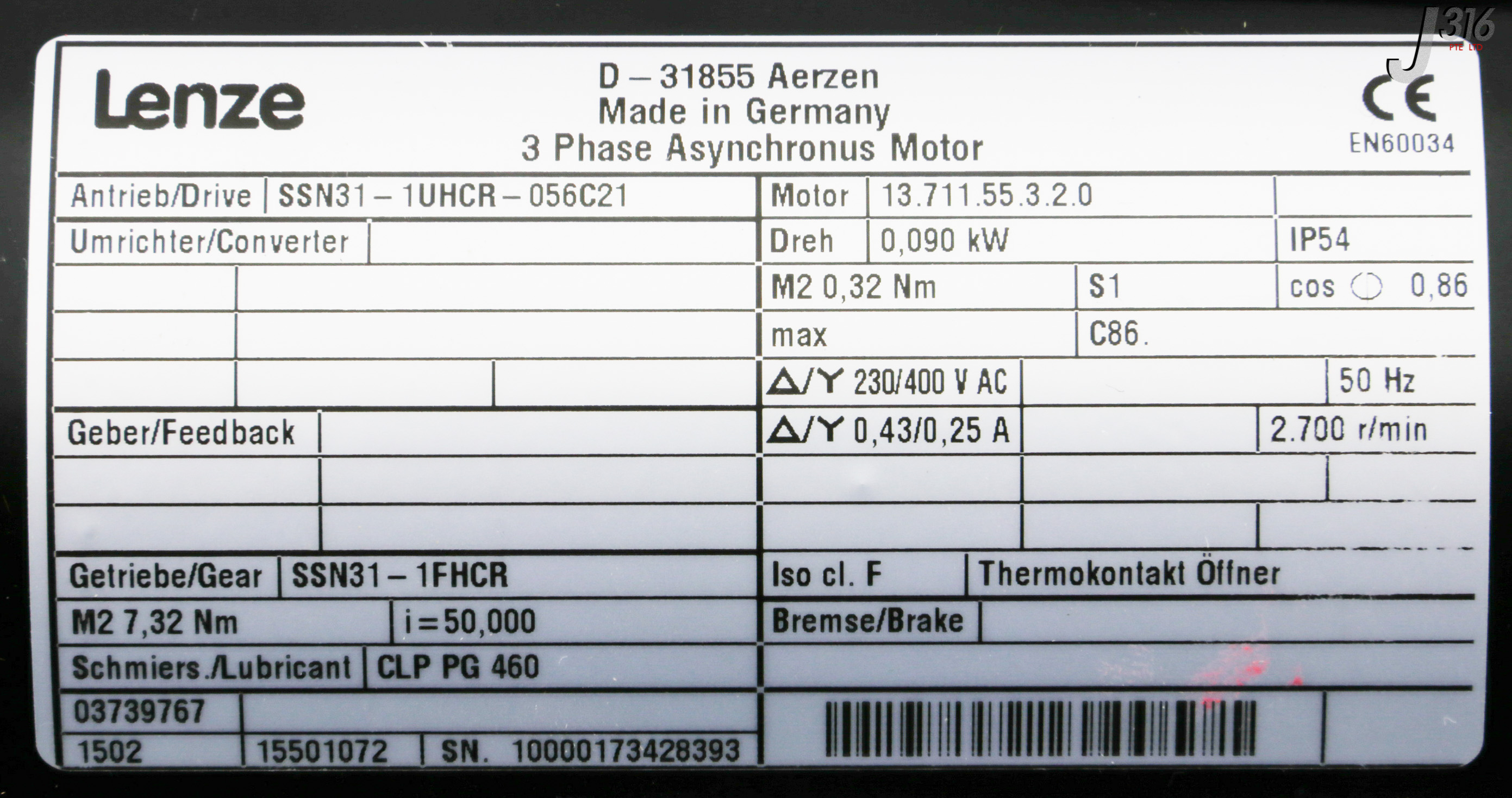 31793 LENZE 3 PHASE ASYNCHRONUS MTR W/ GEAR SSN31-1FHCR (NEW